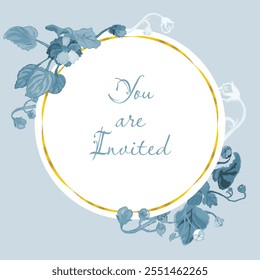 Floral vector card or poster with African violets arranged around a circle. White circle shape with a golden frame on the colored background. Vector garden illustration, poster, card, etc.