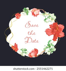 Floral vector card or poster with African violets arranged in a freeform shape. A round floral composition with wavy golden lines around. Vector garden illustration, poster, card, etc.