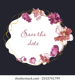 Floral vector card or poster with African violets arranged in a freeform shape. A round floral composition with wavy golden lines around. Vector garden illustration, poster, card, etc.