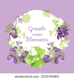 Floral vector card or poster with African violets arranged as a semicircle. White circle paper sheet with wavy edges on the colored background. Vector garden illustration, poster, card, etc.