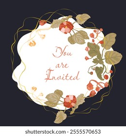 Floral vector card or poster with African violets arranged in a freeform shape. A round floral composition with wavy golden lines around. Vector garden illustration, poster, card, etc.