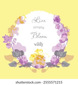 Floral vector card or poster with African violets arranged as a semicircle. White circle paper sheet with wavy edges on the colored background. Vector garden illustration, poster, card, etc.