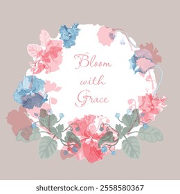 Floral vector card or poster with African violets arranged as a semicircle. White circle paper sheet with wavy edges on the colored background. Vector garden illustration, poster, card, etc.