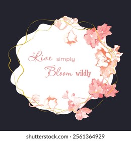 Floral vector card or poster with African violets arranged in a freeform shape. A round floral composition with wavy golden lines around. Vector garden illustration, poster, card, etc.