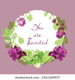 Floral vector card or poster with African violets arranged as a semicircle. White circle paper sheet with wavy edges on the colored background. Vector garden illustration, poster, card, etc.