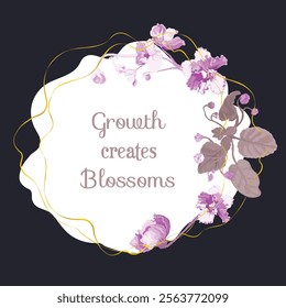 Floral vector card or poster with African violets arranged in a freeform shape. A round floral composition with wavy golden lines around. Vector garden illustration, poster, card, etc.