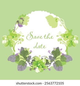 Floral vector card or poster with African violets arranged as a semicircle. White circle paper sheet with wavy edges on the colored background. Vector garden illustration, poster, card, etc.