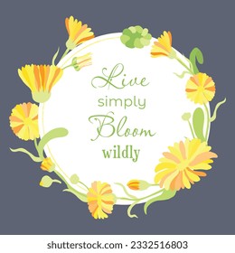 Floral vector card or poster with Calendula parts arranged as a semicircle. White circle shape with a lined frame on the colored background. Vector garden illustration, poster, card, etc.