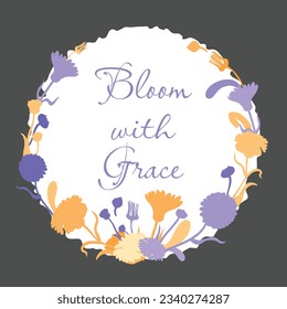 Tarjeta vectorial floral o afiche con partes de Calendula dispuestas como semicírculo. Hoja de papel de círculo blanco con bordes ondulados sobre el fondo de color. Ilustración de vectores de jardín, afiche, tarjeta, etc.