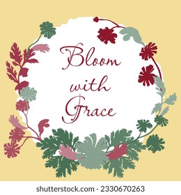 Floral vector card or poster with Camomile parts arranged as a semicircle. White circle paper sheet with wavy edges on the colored background. Vector garden illustration, poster, card, etc.