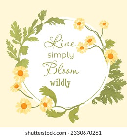 Floral vector card or poster with Feverfew herb parts arranged as a semicircle. White circle shape with a lined frame on the colored background. Vector garden illustration, poster, card, etc.