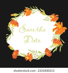 Floral vector card or poster with Marigold parts arranged in a freeform shape. A round floral composition is placed on the black background. Vector garden illustration, poster, card, etc.