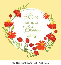 Floral vector card or poster with Marigold parts and Dog rose fruits arranged as a semicircle. White circle shape with a lined frame on the colored background.