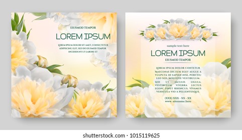 Floral vector card set with flowers of realistic white peony. Romantic templates for wedding invitation, greeting card, cosmetic products, packages, gift wraps and other design elements