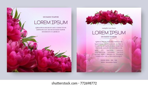 Tarjeta vectorial floral con flores de peón rojo oscuro realista. Plantillas románticas para invitación a boda, tarjeta de felicitación, productos cosméticos, paquetes, envolturas de regalo y otros elementos de diseño