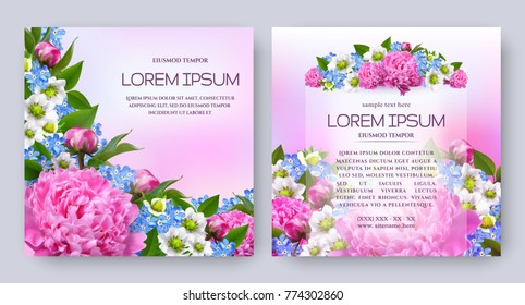 Floral vector card set with flowers of realistic peony, strawberry and forget-me-not. Romantic templates for wedding invitation, greeting card, cosmetic products, packages and other design elements