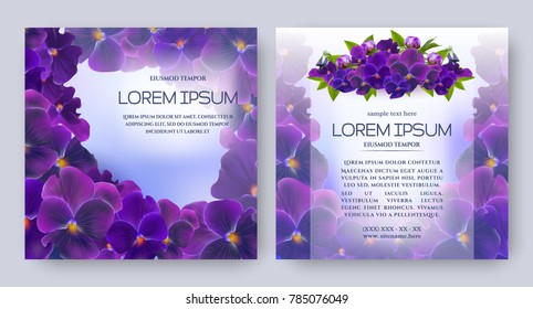Floral vector card set with flowers of realistic viola. Romantic templates for wedding invitation, greeting card, cosmetic products, packages and other design elements