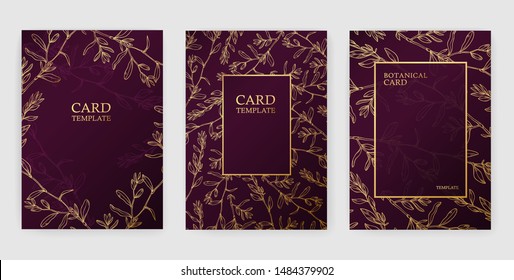 Floral vector card set, invitation and greeting cards. Hand drawn gold line herb pattern on dark background. Can be used for - save the date, mothers day, valentines day, birthday cards.