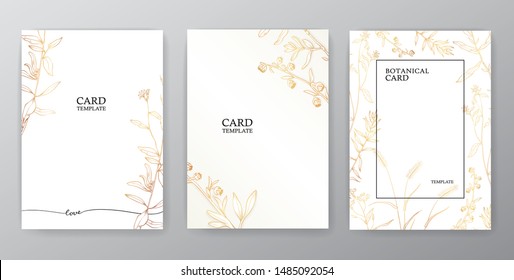 Floral vector card set, invitation and greeting cards. Hand drawn gold line herb pattern on white background. Can be used for - save the date, mothers day, valentines day, birthday cards.