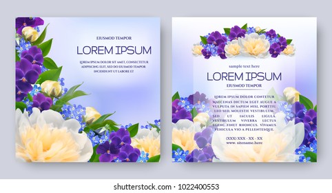 Floral vector card set with realistic flowers of peony, viola and forget-me-not. Romantic templates for wedding invitation, greeting card, cosmetic products, packages, gift wraps and other design