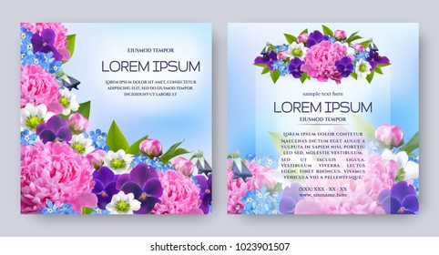Floral vector card set with realistic flowers of peony, viola and forget-me-not. Romantic templates for wedding invitation, greeting card, cosmetic products, packages, gift wraps and other design