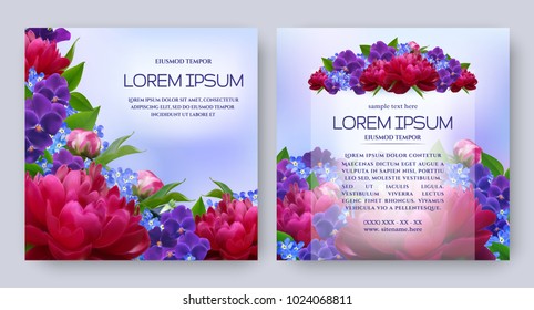 Floral vector card set with realistic flowers of peony, viola and forget-me-not. Romantic templates for wedding invitation, greeting card, cosmetic products, packages, gift wraps and other design