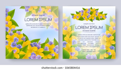 Floral vector card set with realistic flowers of celandine, viola. Romantic templates for wedding invitation, greeting card, cosmetic products, packages, gift wraps and other design elements