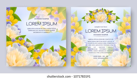 Floral vector card set with realistic flowers of peony, celandine, viola. Romantic templates for wedding invitation, greeting card, cosmetic products, packages, gift wraps and other design elements