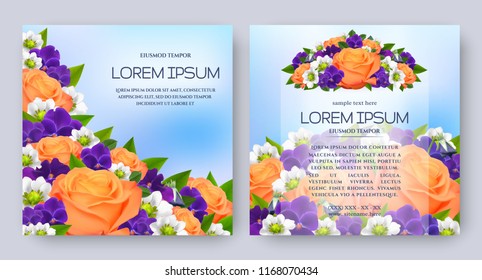 Floral vector card set with realistic flowers of rose, viola. Romantic templates for wedding invitation, greeting card, cosmetic products, packages, gift wraps and other design elements