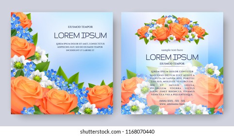 Floral vector card set with realistic flowers of rose, forget-me-not. Romantic templates for wedding invitation, greeting card, cosmetic products, packages, gift wraps and other design elements