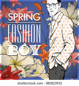 Floral vector card with stylish guy.