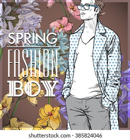 Floral vector card with stylish guy.