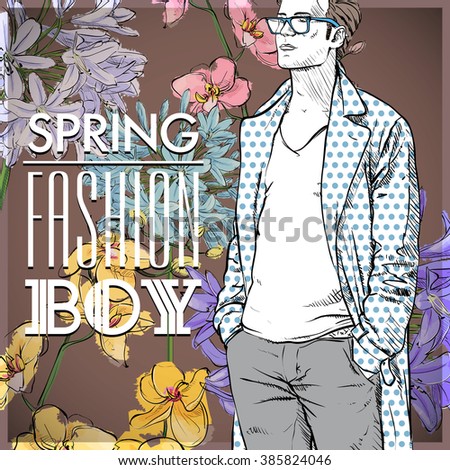 Floral vector card with stylish guy.
