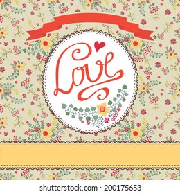 Floral vector card with summer stylized flowers,Label,ribbons,retro bicycle.Inscription "Love".Design template. Vintage vector illustration