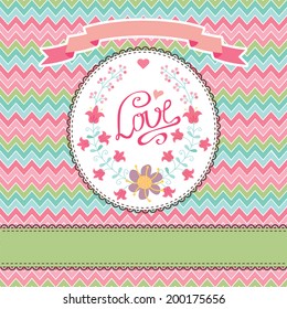 Floral vector card with summer stylized flowers,Label,ribbons,retro bicycle.Inscription "Love".Design template. Vintage vector illustration