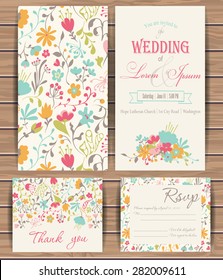 Floral vector card templates. Hand drawn design for Save The Date, Greeting card, birthday cards, invitations. Seamless pattern is masked.  Wood plank vector background is in the separate layer.  