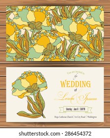 Floral vector card templates. Hand drawn design for Save The Date, Thank you card, RSVP, Greeting card, invitations. Seamless pattern is masked. Wood plank vector background is in the separate layer.