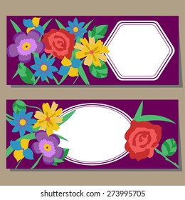 Floral vector card for wedding, invitation, greeting, celebration, party, congratulation, compliments (flowers, rose, daisy, violet, leaves, grass)