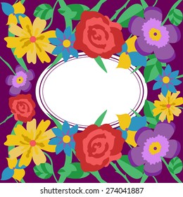 Floral vector card for wedding, invitation, greeting, celebration, party, congratulation, compliments (flowers, rose, daisy, violet, leaves, grass)