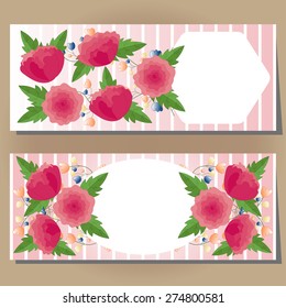 Floral vector card for wedding, invitation, greeting, anniversary, celebration, party, congratulation, compliments (rose, peony, leaves, stripes)