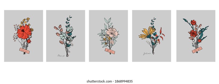 Floral vector cards design for Valentine's day or Woman day with short quotes about love. Greeting cards or posters with vector flowers bouquets. 