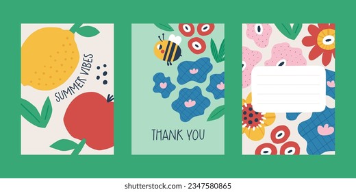 Floral vector cards with flowers, fruit, lemon, apple, pear, berry, cherry, bee, ladybug, plant, leaf, mushroom, bushes, nature in hand drawn flat style