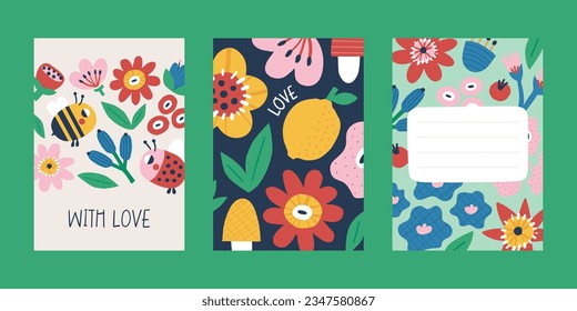 Floral vector cards with flowers, fruit, lemon, apple, pear, berry, cherry, bee, ladybug, plant, leaf, mushroom, bushes, nature in hand drawn flat style