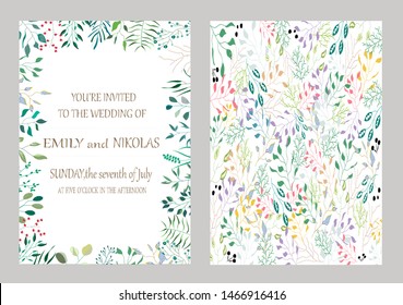 Floral vector cards with leaves. Botanic  Design for banner, wedding, poster, invitation, cover, placard, brochure, header.