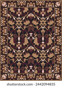 Floral vector carpet design. Ornamental pattern with frame. Vintage brown background for textile, tapestry.