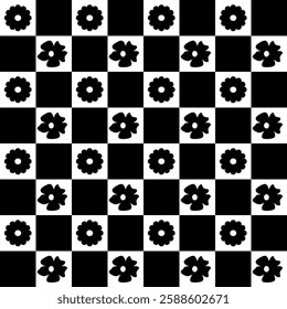 Floral vector, Classic black and white checkerboard seamless pattern with stylized floral motifs.