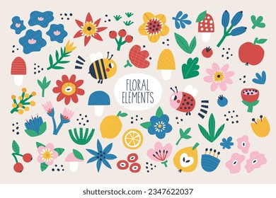 Floral vector clipart set with flowers, fruit, lemon, apple, pear, berry, cherry, bee, ladybug, plant, leaf, mushroom, bushes, nature in hand drawn flat style