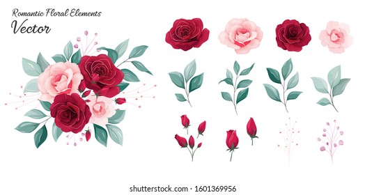 Floral vector collection. Flowers decoration illustration of red and peach rose flowers, leaves, branches. Romantic botanic elements for wedding or greeting card design