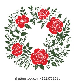 Floral vector collection. Flowers decoration illustration of red rose flowers, leaves, branches. Romantic botanic elements for wedding or greeting card design
