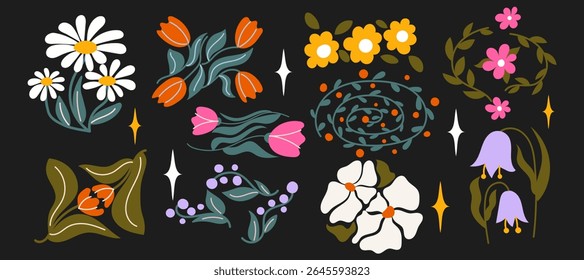 Coleção de vetores florais com flores abstratas desenhadas à mão, tulipas, margaridas, folhas, bagas e formas decorativas em design moderno plano sobre fundo escuro. Perfeito para adesivos, impressão ou decoração.